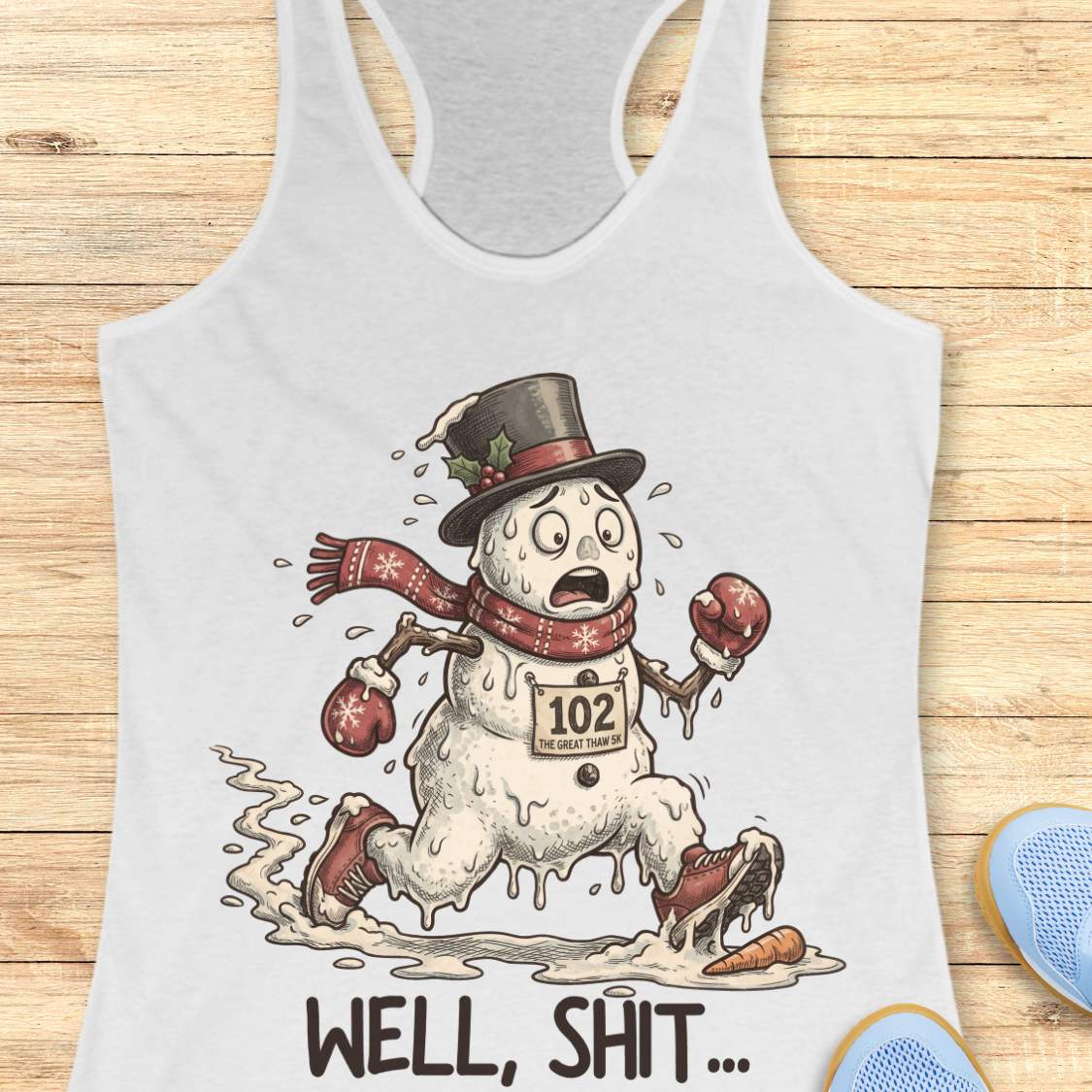 Funny Christmas running white tank top featuring a melting snowman runner wearing red running shoes, boxing gloves, a scarf, and a top hat. The snowman has a race bib labeled "102 The Great Thaw 5K" and is shown melting while running through puddles, with a carrot nose fallen on the ground ahead. Large text below reads, "WELL, SHIT..." The design is printed on a heather gray racerback tank top and combines holiday humor with runner frustration.
