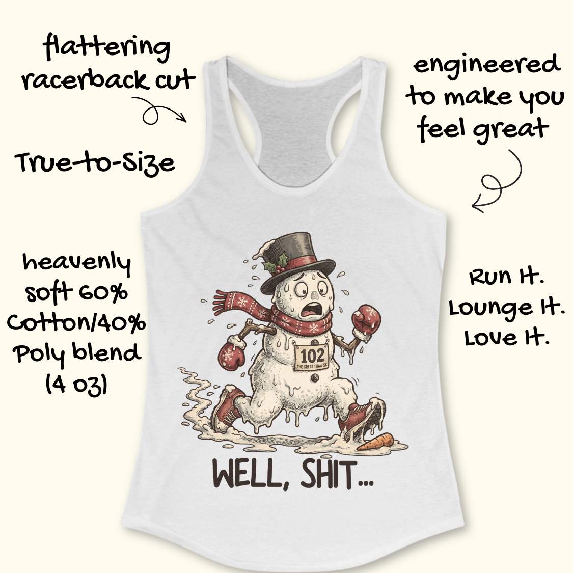 Funny Christmas running white tank top featuring a melting snowman runner wearing red running shoes, boxing gloves, a scarf, and a top hat. The snowman has a race bib labeled "102 The Great Thaw 5K" and is shown melting while running through puddles, with a carrot nose fallen on the ground ahead. Large text below reads, "WELL, SHIT..." The design is printed on a heather gray racerback tank top and combines holiday humor with runner frustration.