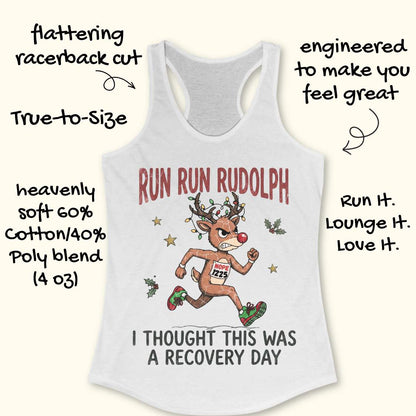 Funny Christmas runner tank top featuring Rudolph the Red-Nosed Reindeer dressed as a runner, sprinting in red and green running shoes with a race bib that reads "NOPE 1225." Rudolph's antlers are wrapped in colorful Christmas lights, and festive holly leaves and stars surround the character. Large distressed text reads, "RUN RUN RUDOLPH" above the illustration and "I THOUGHT THIS WAS A RECOVERY DAY" below. The design is printed on a mint green racerback tank top and combines holiday humor with a relatable 
