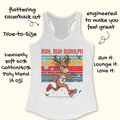 A white racerback tank top with a colorful 'RUN, RUN RUDOLPH' holiday graphic on the front, shown on a light beige background with decorative text callouts around it.