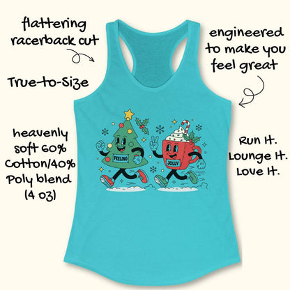 A turquoise racerback tank top with a colorful Christmas-themed graphic of a green tree and a red coffee mug character. The image includes hand-drawn text callouts highlighting the flattering racerback cut, true-to-size fit, soft cotton/poly blend fabric, and overall comfort.