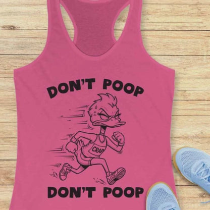 A video of a pink tank top with a duck running, the tank top has the text - "don't poop, don't poop"