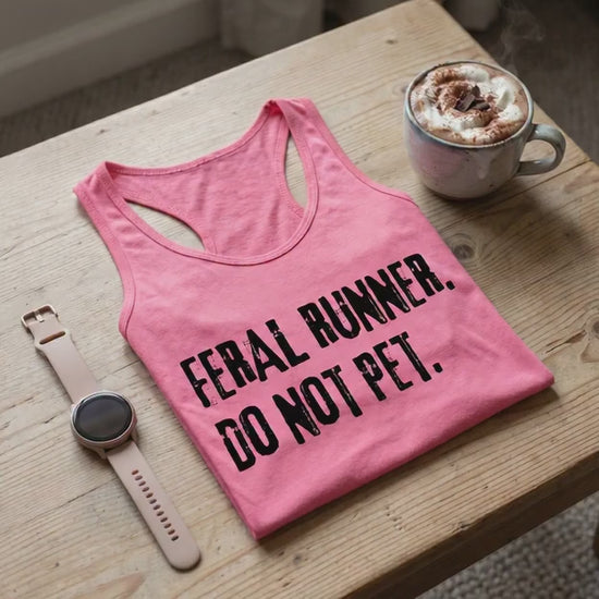 a video with a pink tank top with the slogan "feral runner. Do not pet.", on a coffee table, with a smart watch and a hot chocolate mug. 