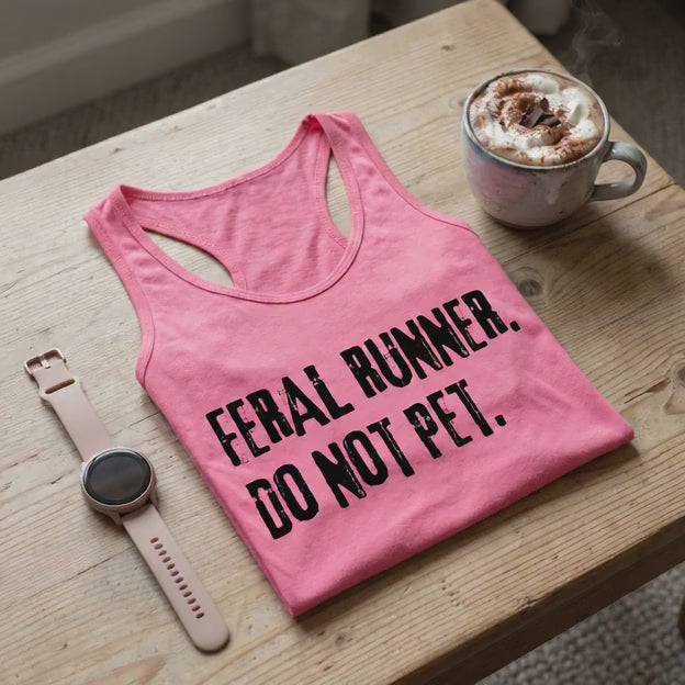 a video with a pink tank top with the slogan "feral runner. Do not pet.", on a coffee table, with a smart watch and a hot chocolate mug. 