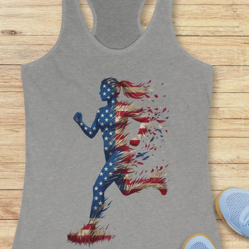 A video of a Gray tank top with a colorful graphic of a running woman with American flag theme on a wooden surface