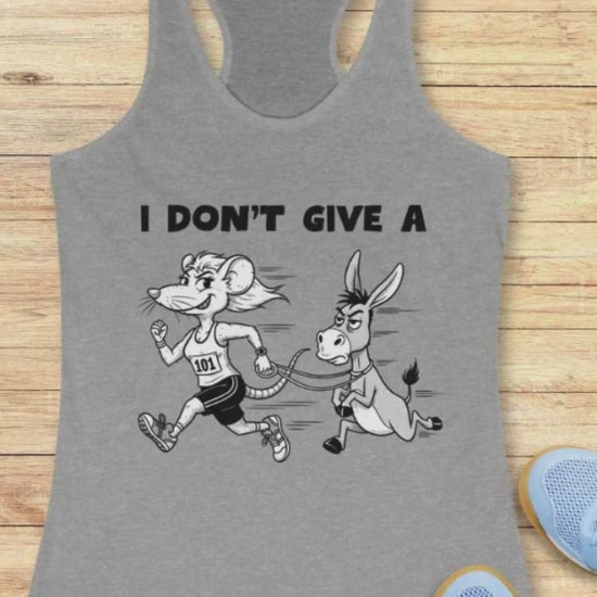 A video showing a grey tank top with a mouse and a donkey running , the tank top has the text - "I don't Give a"