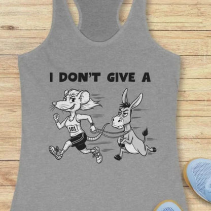 A video showing a grey tank top with a mouse and a donkey running , the tank top has the text - "I don't Give a"