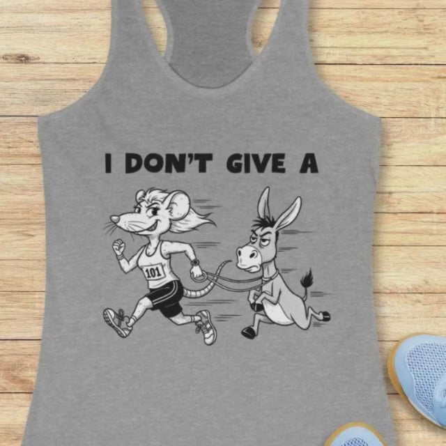 A video showing a grey tank top with a mouse and a donkey running , the tank top has the text - "I don't Give a"